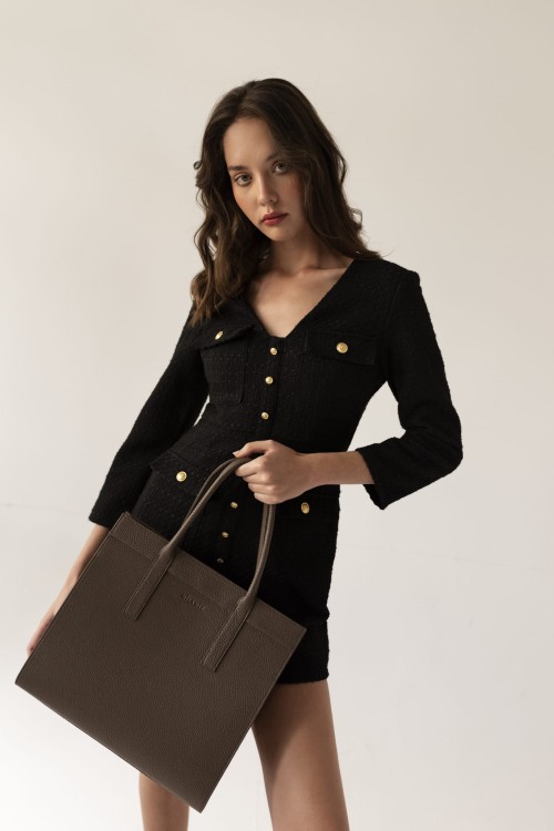 ZOYA shopper skórzany damski brąz czekoladowy stylizacja – MILAMIE Warsaw