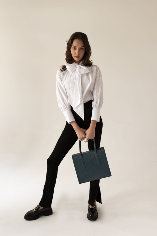 AUDREY shopper skórzany damski turkus głęboki stylizacja – MILAMIE Warsaw